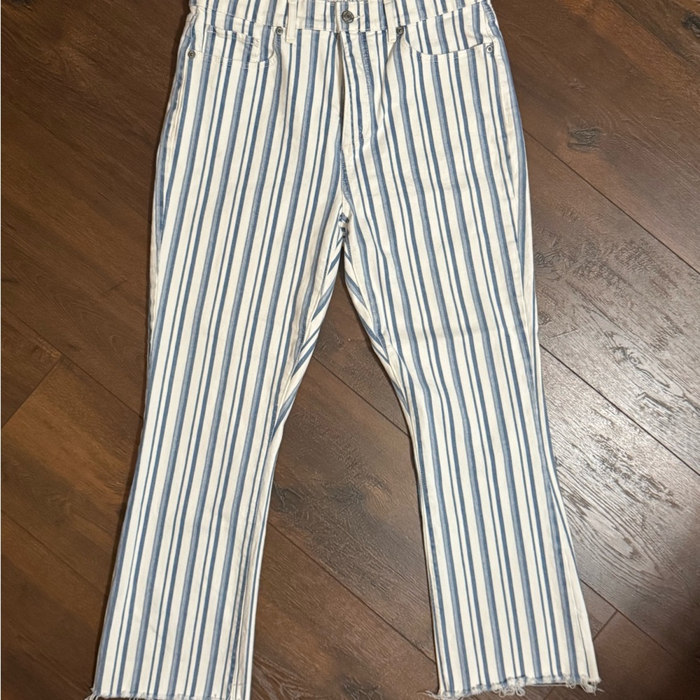 Loft “The Kick Crop” White and Blue Striped Jeans